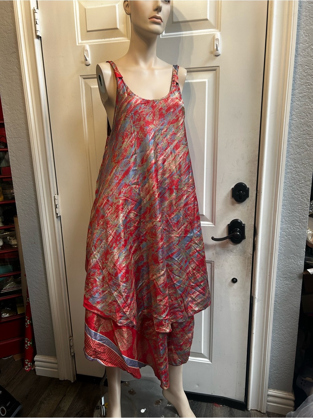 Just Cruising Bohemian style Red Multi-Color Layered Swing Sleeveless Dress Sz L